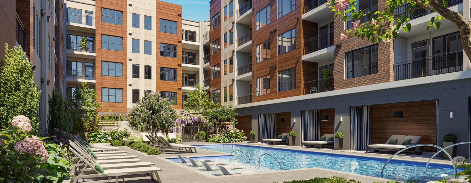 a swimming pool in a courtyard between buildings